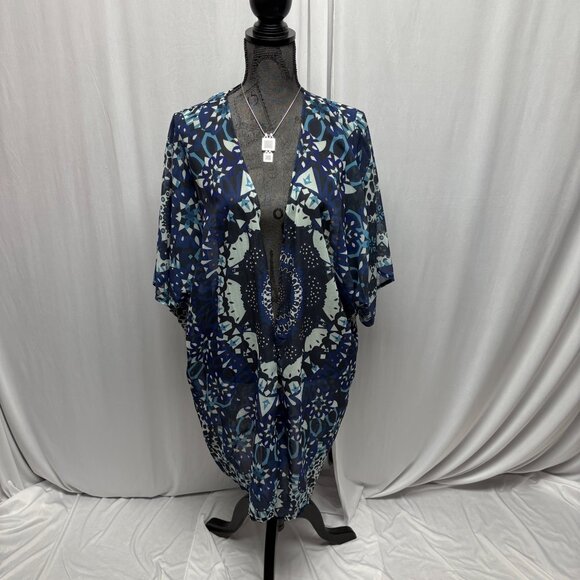 Blue White Mandala Print Sheer Open Front Kimono Cardigan One Size - Picture 1 of 5